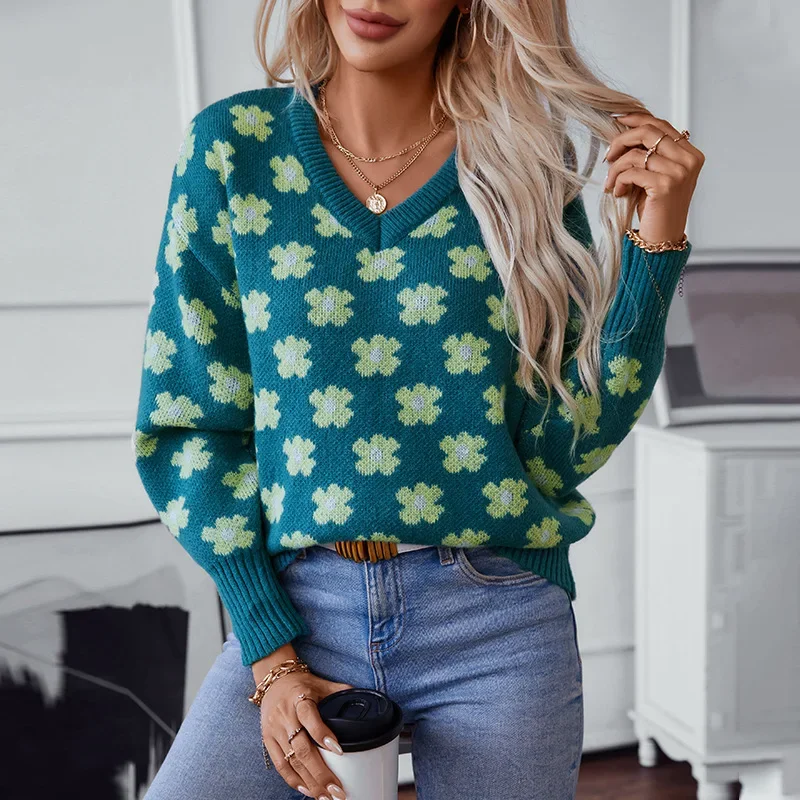 

Women Print Sweaters Knit Thick Long Sleeve V Neck Pullovers Patchwork Elegant Jumpers Regular Casual Outwear Slight Strech