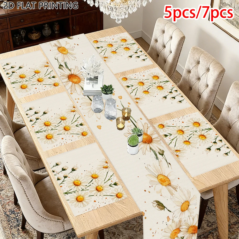 1pc Spring Watercolor Daisy Flower Theme Table Runner and Placemat for Brunch Gathering Table Decor for Home Hostess