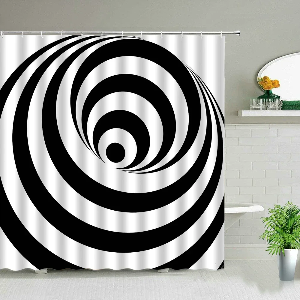 Rideaux de Douche à Rayures Noirs et Blancs Géométriques, pour Écran HODecor, Rideau de Baignoire en Tissu Imperméable avec Croc