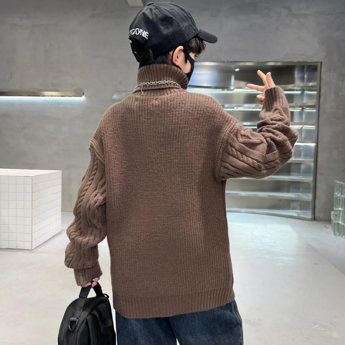 Korean Children's Turtleneck Sweater with Pocket for Boy Autumn Winter Kids Knitwear with Pocket Teen Casual Pullover Tops 5-14T