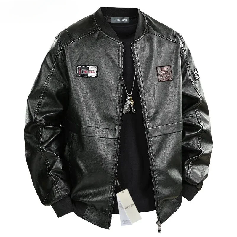 

Mens Leather Jacket Spring Autumn Zip Motocycle Jacket Long Sleeve Coat Trend PU Leather Outerwear Windproof Stand Up Collar New