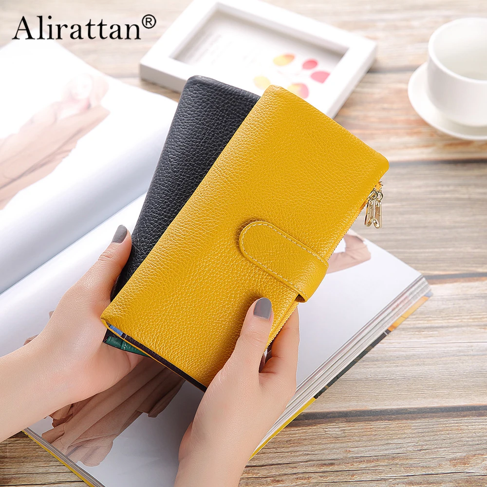 Alirattan 2026 New Women's Wallet Long Zipper Bag Multiple Card Slots Soft Leather Phone Bag