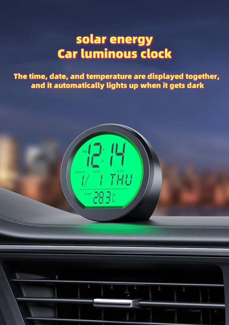 Solar powered car clock, LED luminous watch, car electronic watch, clock, digital display, time display, high-end small dial