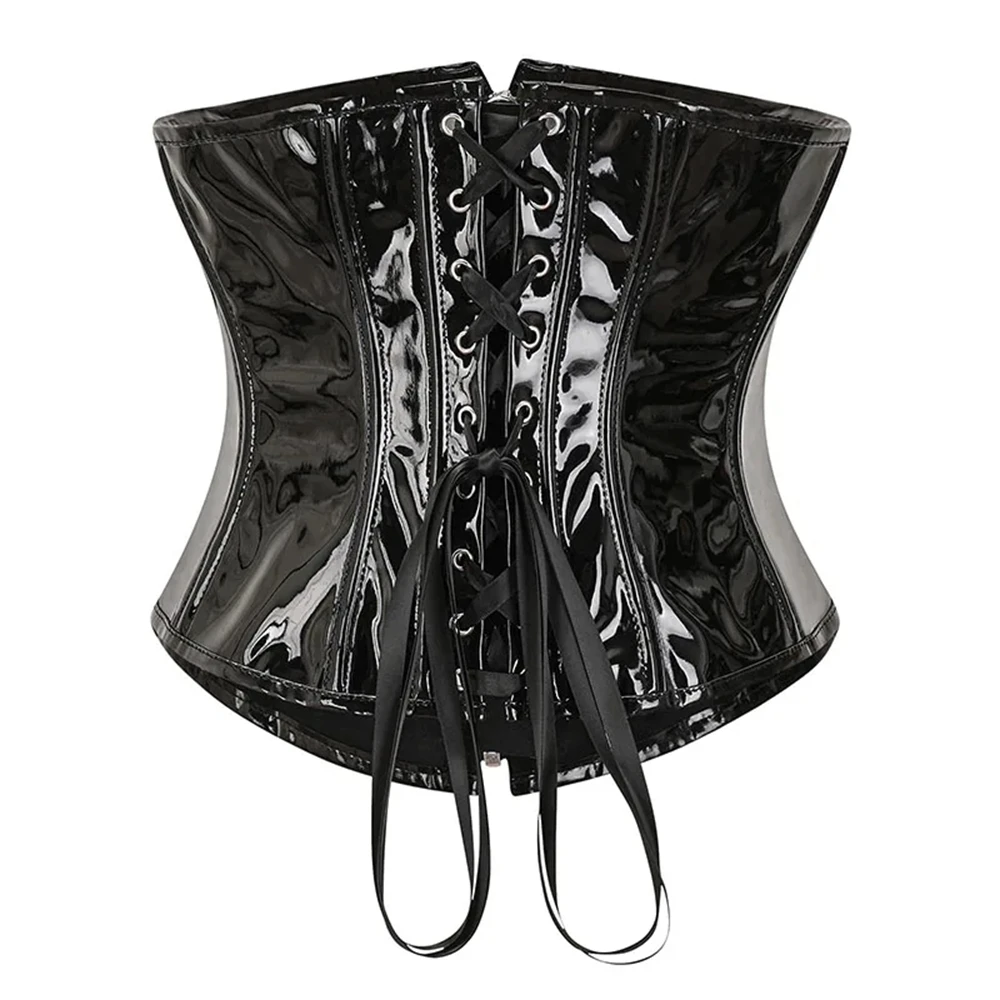 Women Shiny PU Leather Corset Top Gothic PVC Underbust Bustier Waist Cincher