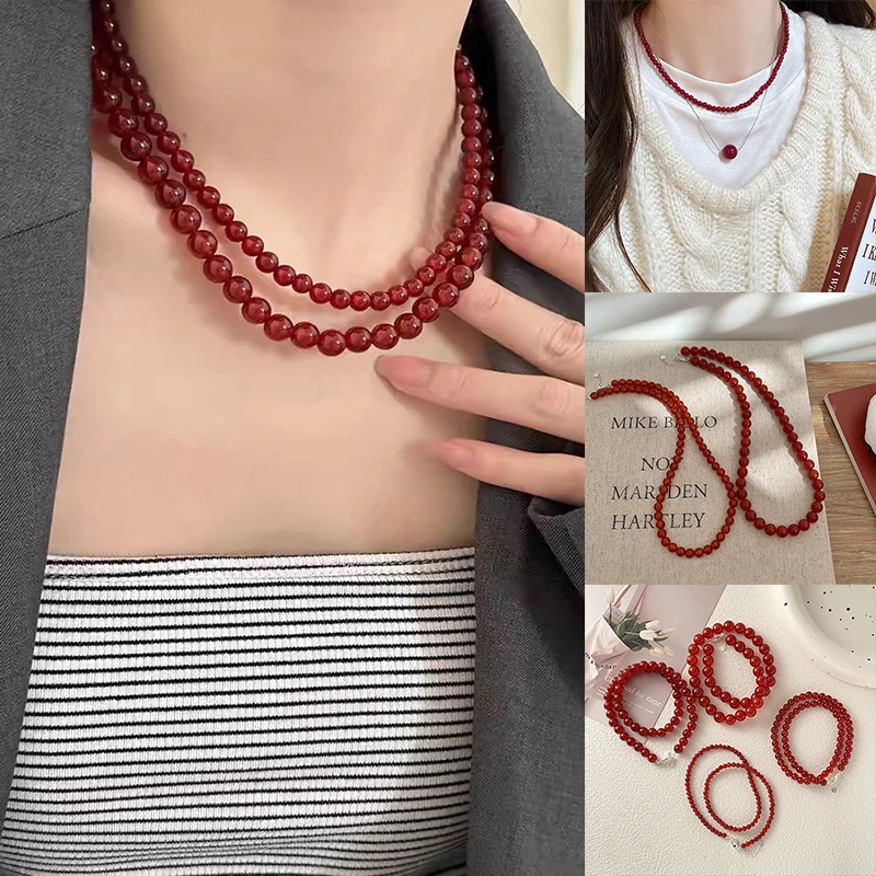 Vintage Red Beaded Necklaces For Women Chinese Style Glass Beads Necklace Exquisite Elegant Choker Aesthetic Jewelry Accessories