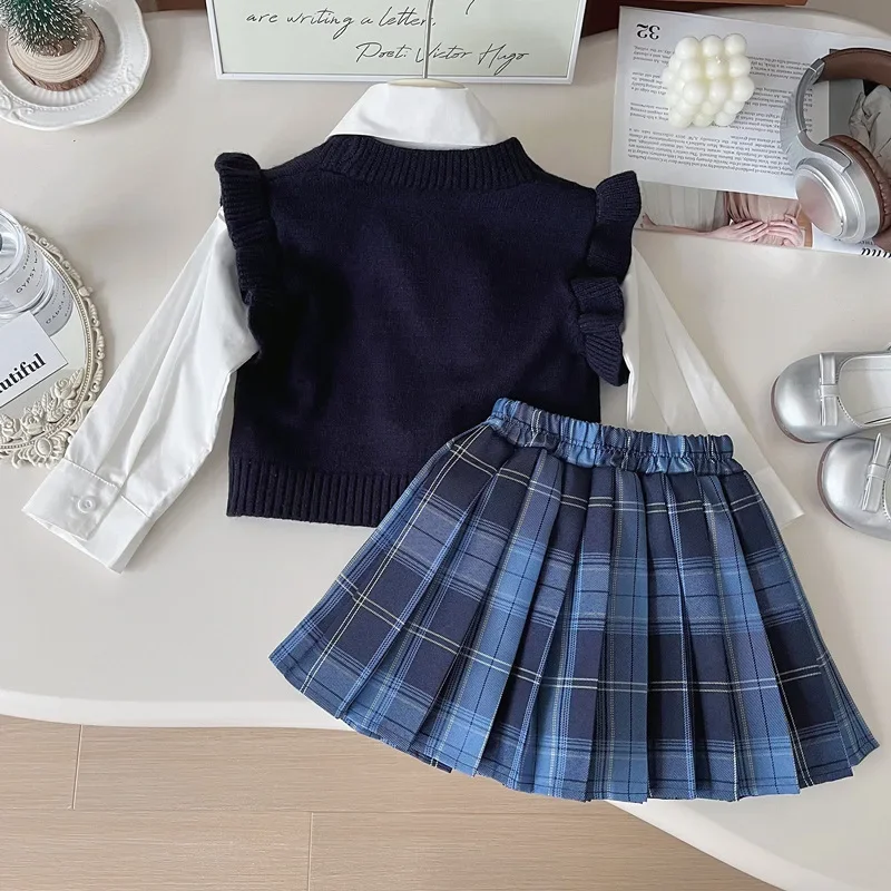 Girls Spring and Autumn New Style Rabbit Police Academy Style Vest Shirt Pleated Skirt Three-Piece Set