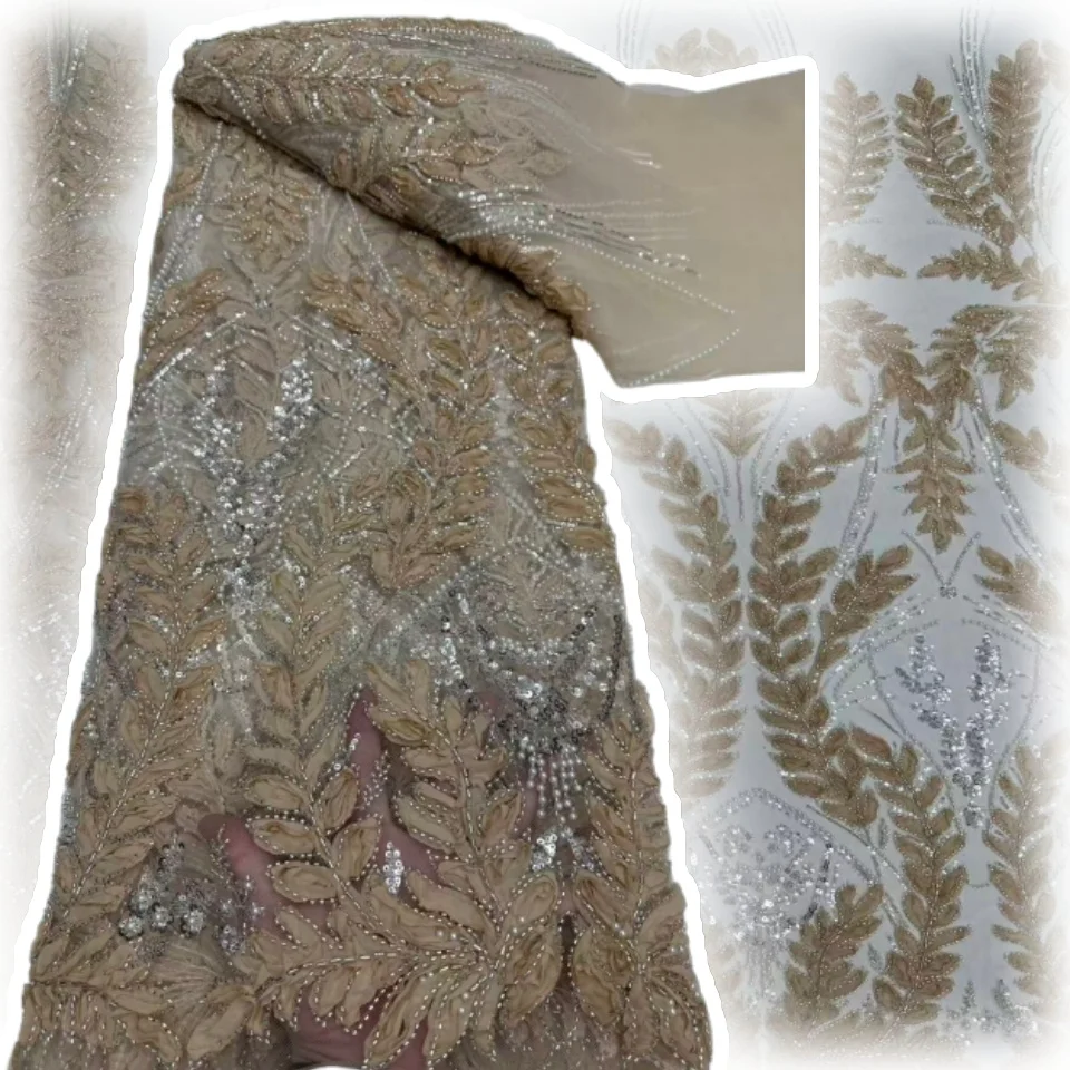 

Африканская кружевная ткань для свадебного шитья, мягкая тюлевая сетчатая ткань, бусины с блестками, французская и нигерийская, высокое качество, 2025, AH1507