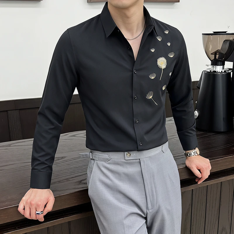 Brand Elegant Embroidery Long Sleeved Men Dress Shirt Fashion Business Slim Fit Man Shirts Wedding Party Formal Men's Shirt Tops