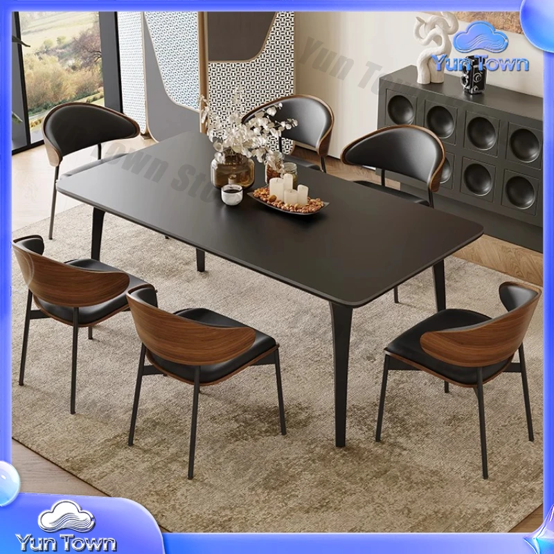 Italian Minimalist Black Rock Slab Dining Table Combination Small Apartment Dining Table Retro Style Rectangular Furniture