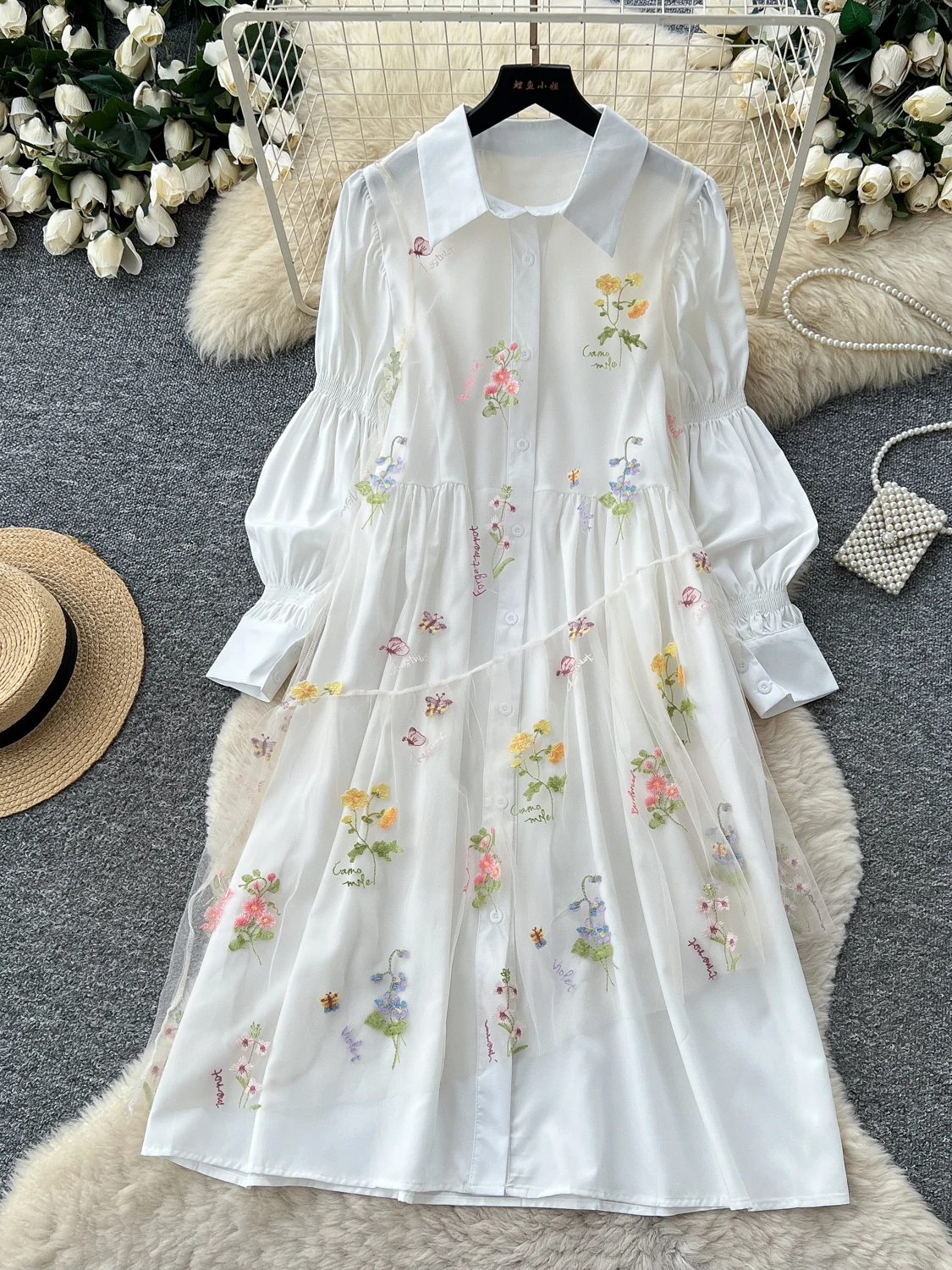 2026 Autumn New Korean Style Embroidered Floral Net Sleeve Cover up Dress Two Piece Set Women Commute Style Ensemble