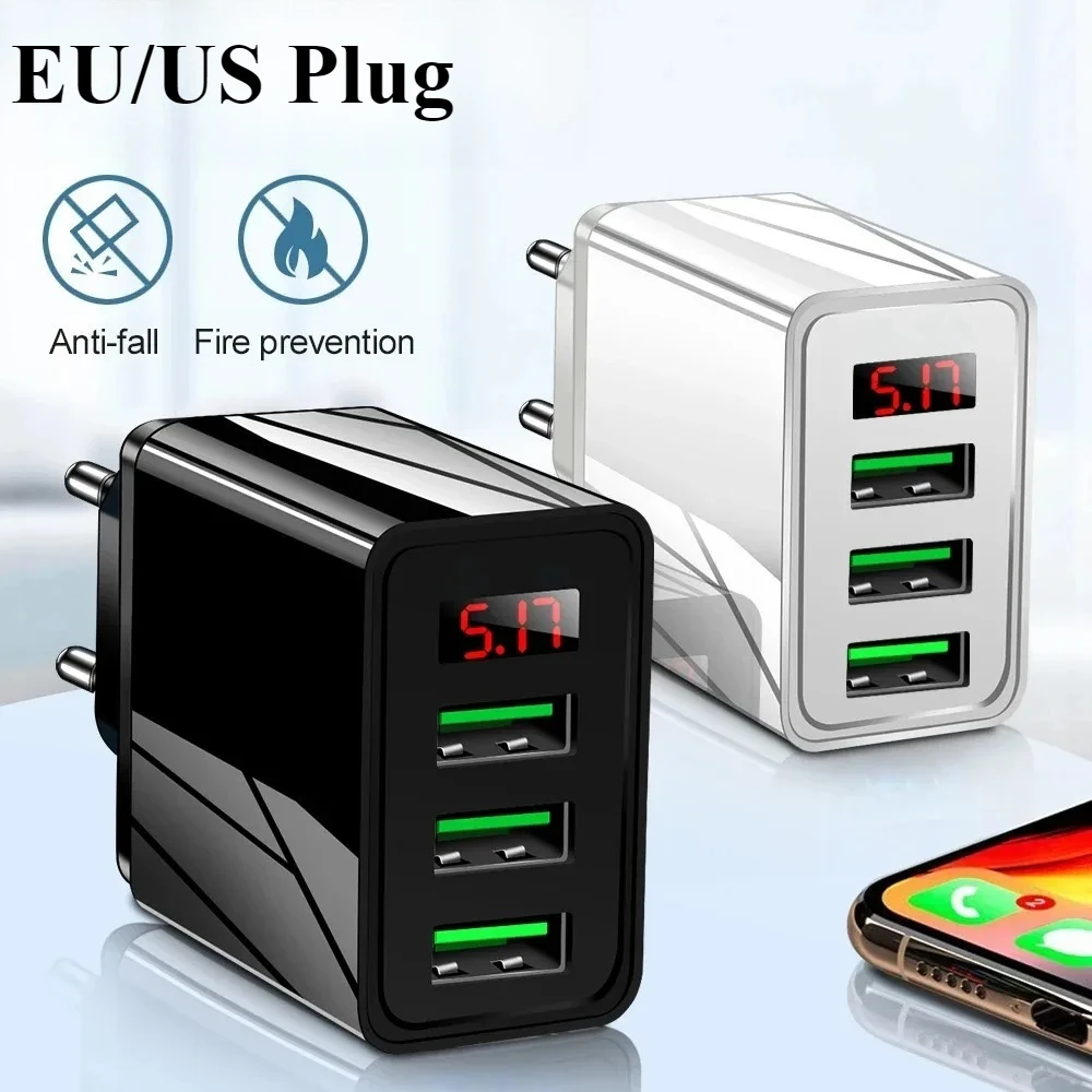 USB Charger 3 Ports Quick Fast Charging Wall Adapter with LED Digital Display For Samsung S24 Xiaomi 15 17 Pro Huawei Mate Redmi