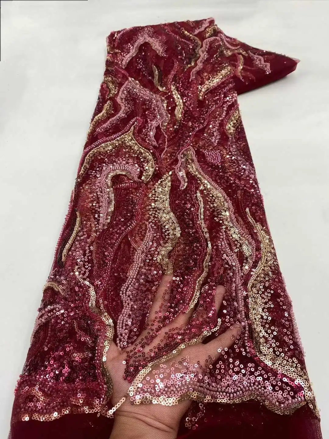 

Beautiful Nigerian Sequins Party Lace African Beads Lace Fabric 2026 High Quality 5Yards African French Tulle Net Lace Fabric