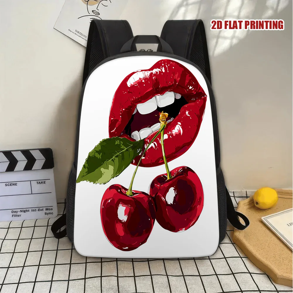 

1 Cherry and Lips 2D Flat Print Backpack - Lightweight Polyester, Removable Adjustable Strap, Zip Closure, Perfect for School