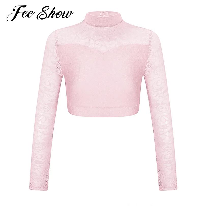 Kids Girls Sheer Floral Lace Gymnastics Dance Crop Top Patchwork Mock Neck Long Sleeve Cutout Back T-Shirt Top Stage Performance