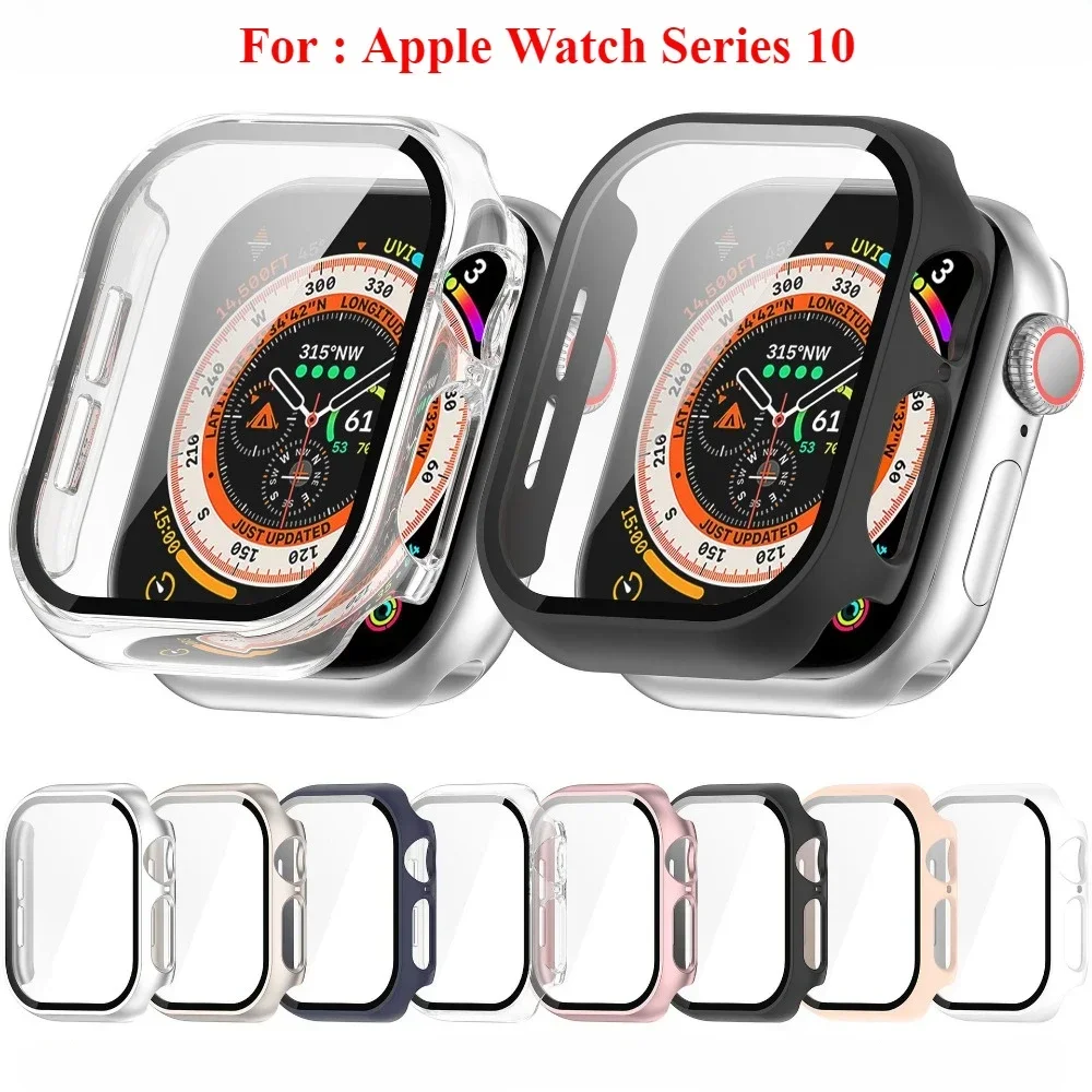 

PC Case+Tempered Glass For Apple Watch Series 10 Full Cover Screen Protector Smartwatch Bumper Cleaning cotton For Apple Watch