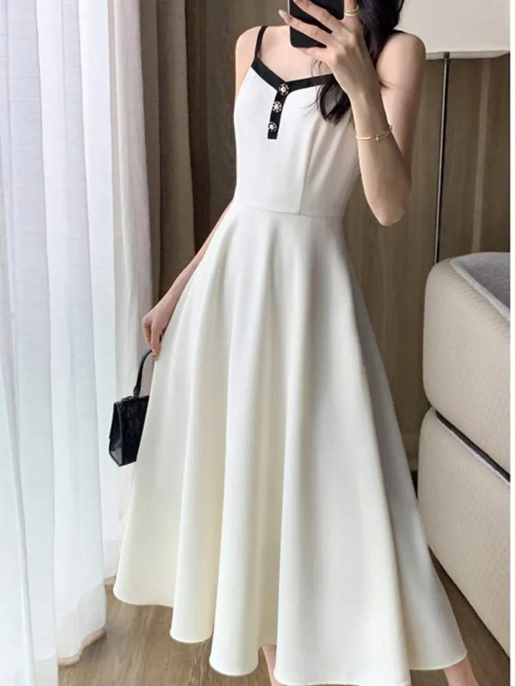 Fashion Korean Women Elegant Casual Dress Set Vintage Crop Jackets Sleeveless A-Line Strap Dress Two Pieces Set Female Clothes