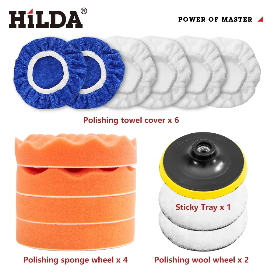 HILDA 5inch Car Polishing Disc 11Pcs Self-Adhesive Buffing Waxing Sponge Wool Wheel Polishing Pad For Car Polisher Drill Adapter