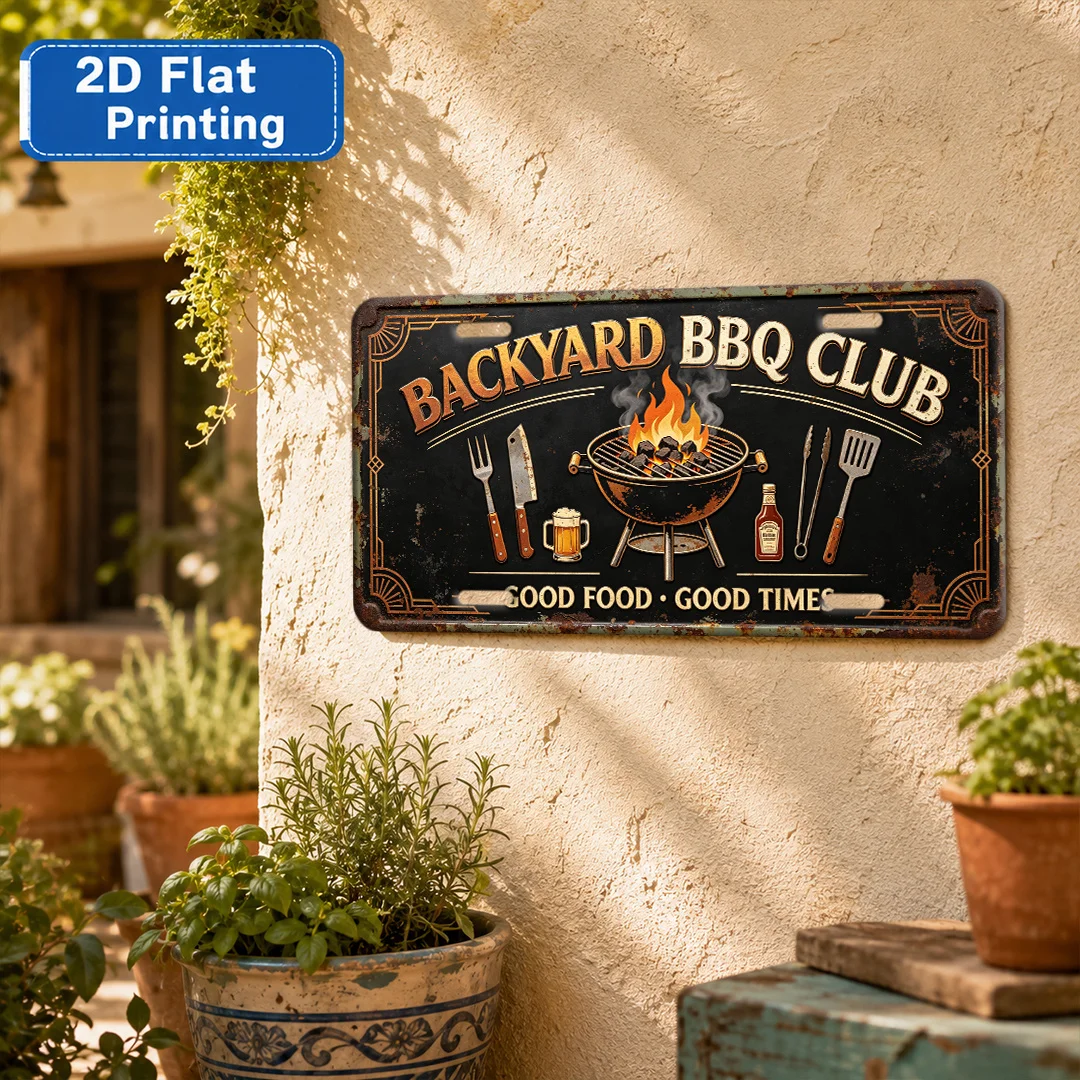 2D Flat - 【2D Flat】 1pc Retro Aluminum Backyard BBQ Club Vintage Slogan Plaque, Rustic Iron Outdoor Wall Art Suitable for Bar