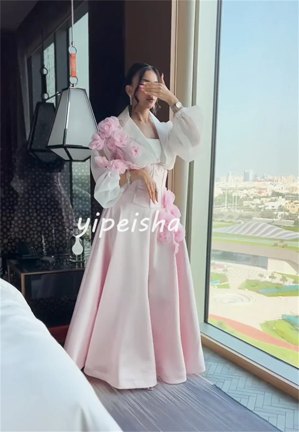 Customized Intricate Exquisite Satin Handmade Flower Pleat Draped A-line Square Neck Long Dresses Evening Dresses Matching Sizes