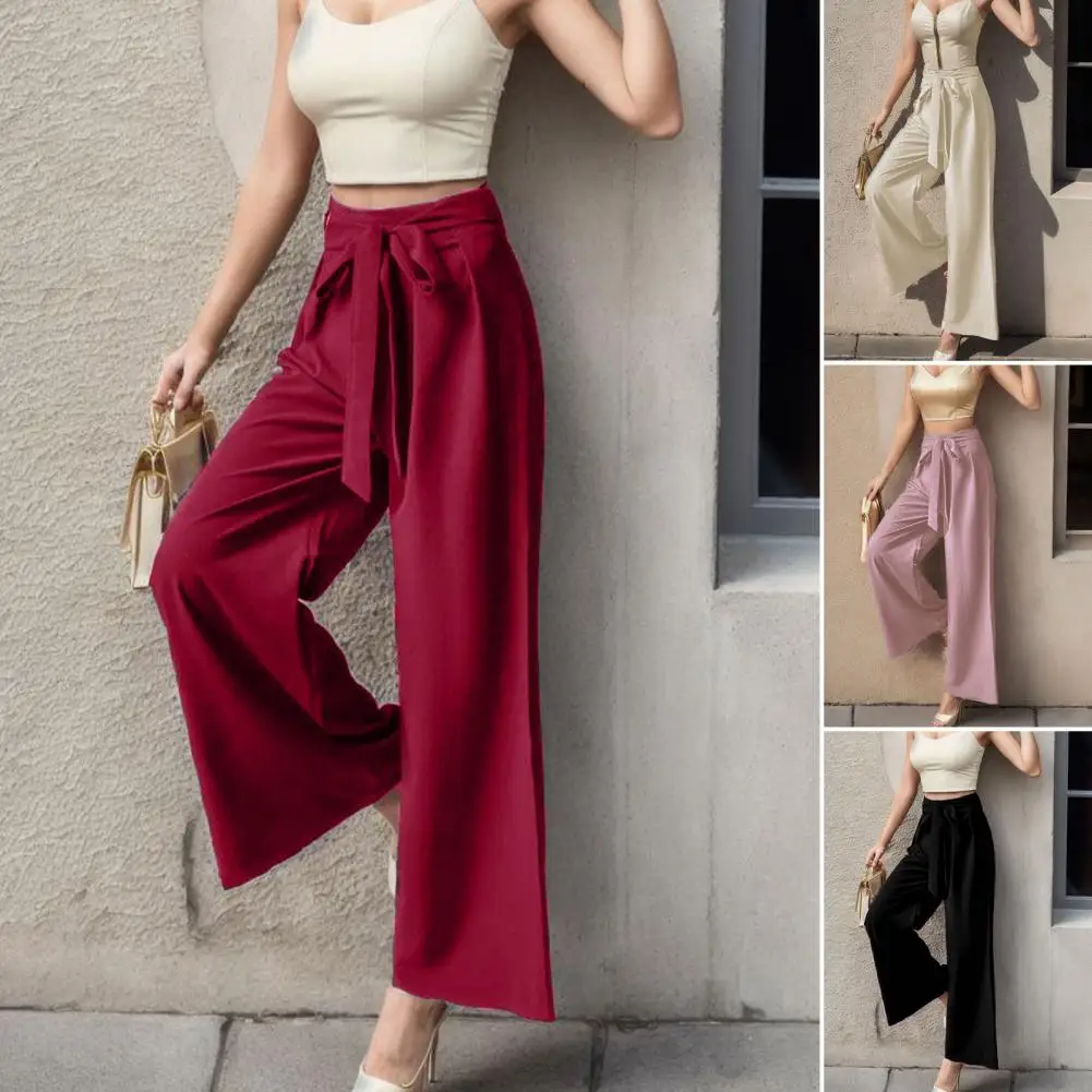 

Women Casual Wide Leg Pants Solid Color Loose Fit Trousers Stylish Lace-up Women's Casual Pants High Waist Wide for Commuting