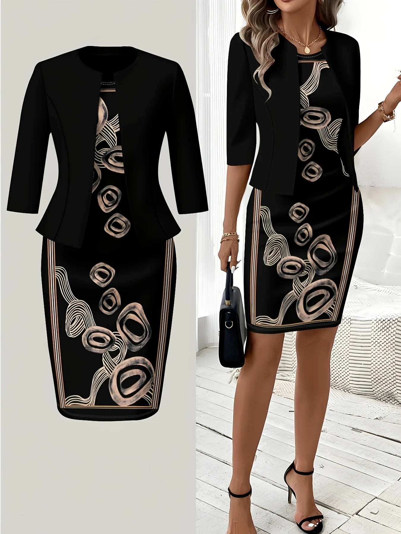 Printed design Casual Line Geometric Pattern Printed Women's Dress Set
