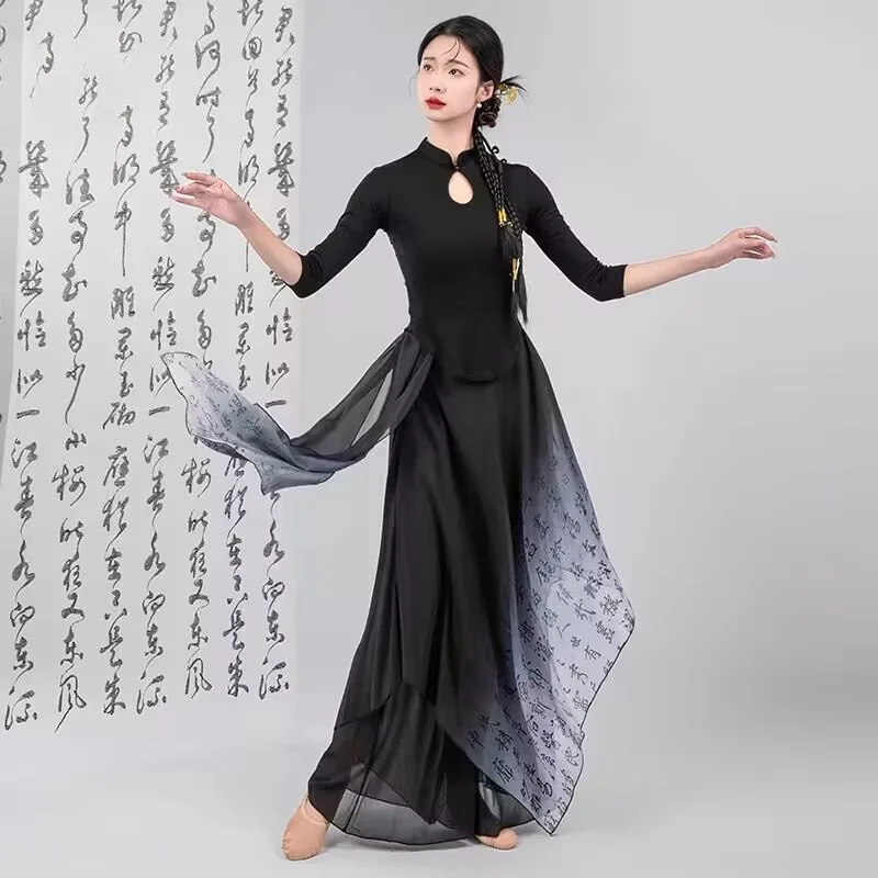 1 Set Women Chinese Ink Style Classical Dance Dress Gradient Flowing Fairy Practice Dance Dress Stage Performance Costume