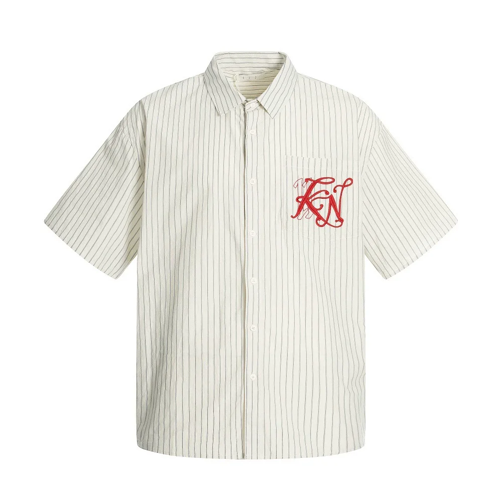 Men Striped Short Sleeve Shirt Cartoon Patchwork Design stripe Letter Embroidery Casual Button Up Loose Streetwear Trendy Blouse