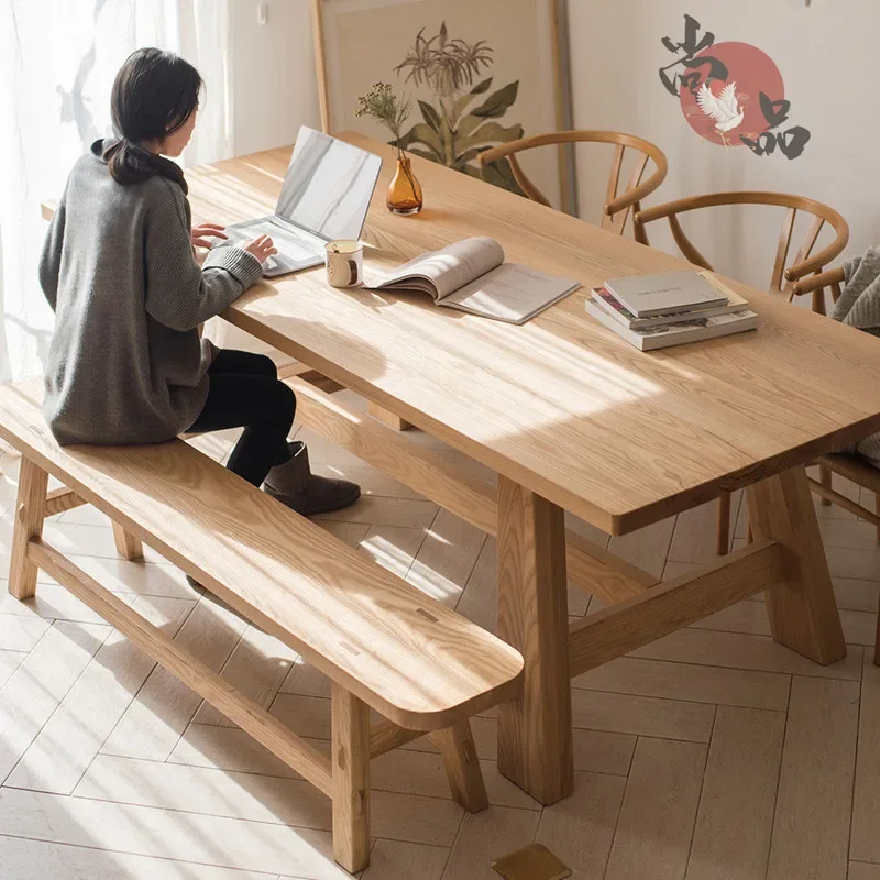 

Ash Wood Dining Table Household Small Apartment Solid Wood Dining Table And Chairs Living Room Log Wind Rectangular Dining Table