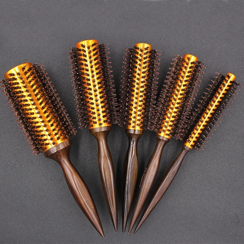 1pc Natural Boar Bristle Round Brush Wooden Handle Hair Rolling Brush For Hair Drying Styling Curling  Detangling Hair Brush