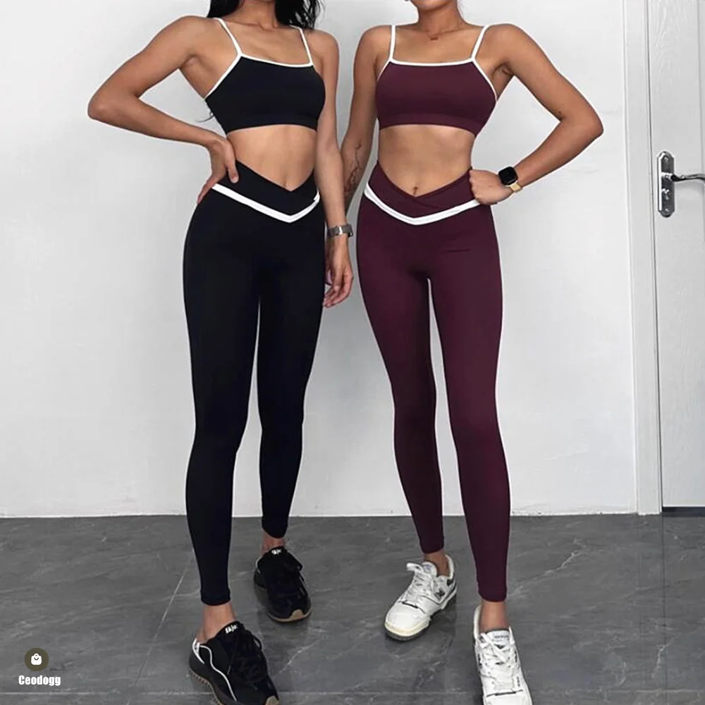 XL 1/2PCS Damski dres do jogi Kombinezon sportowy Gym Crop Top Workout Legginsy z wysokim stanem V Spodnie fitness Legginsy sportowe Aktywne noszenie