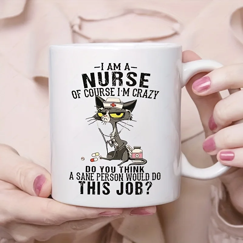 Humorous Black Cat Design Ceramic Coffee Mug, 11 Ounces, Features Witty Nurse Quotes, with Medical Themes of Stethoscopes, Pills, and Medical Instruments, Perfect as a Gift for Christmas, Thanksgiving, Valentine's Day, New Year, and Birthdays, and Also Suitable for Home Use