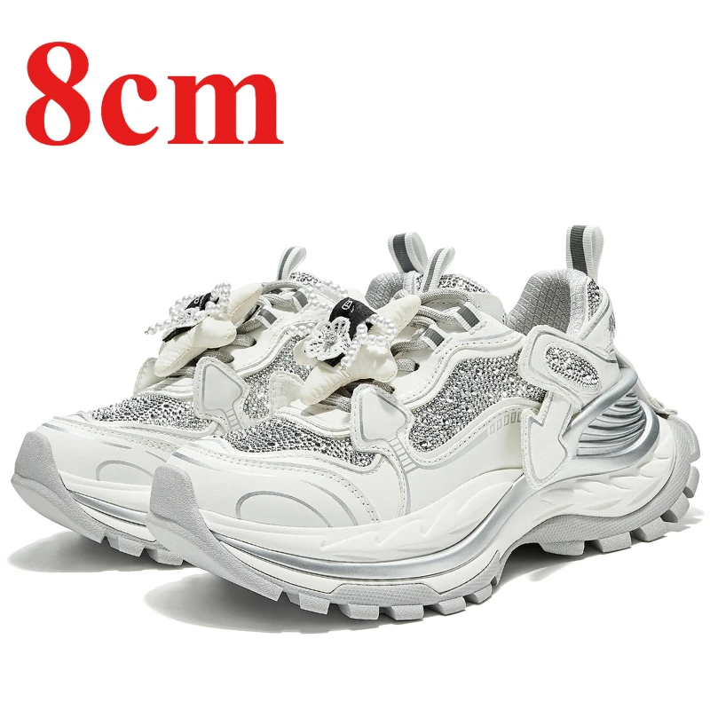 

Genuine Leather Diamond Bead Design Silver Daddy Shoes for Women's Height Increased 8cm Comfortable Thick Bottom Casual Sneakers