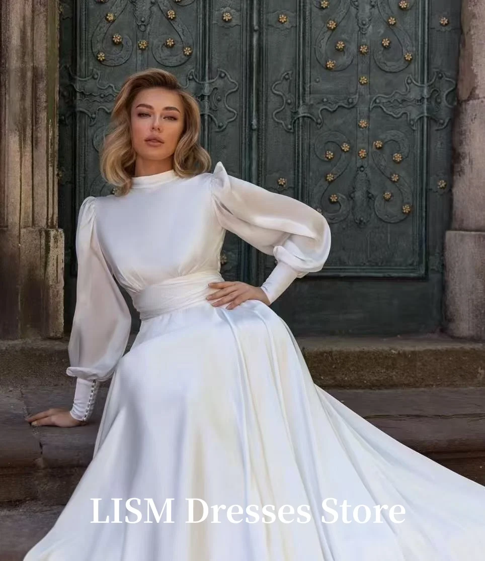 LISM O-Neck A-Line Simple Wedding Dresses Silk Satin Elegant Long Bridal Gowns Full Sleeves  Customized robe de soirée