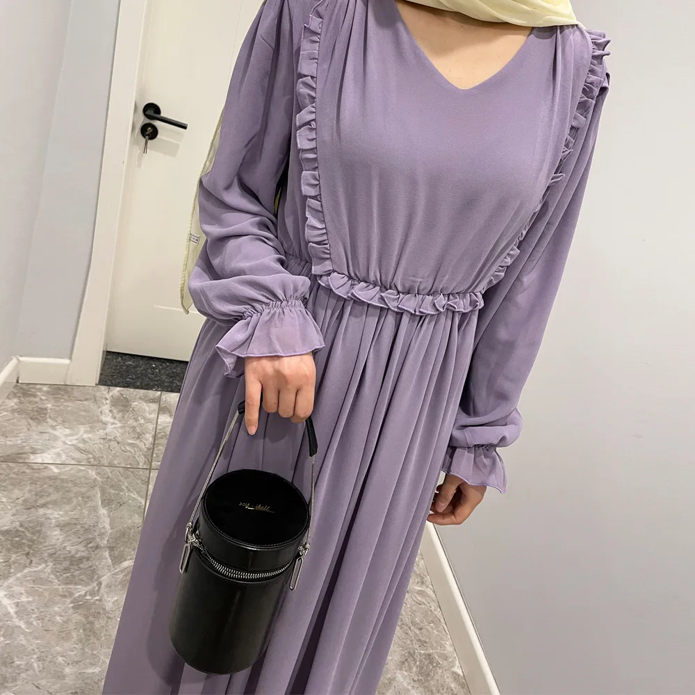 

Мусульманское женское шифоновое длинное платье Рамадан Абая Дубай Турция Кафтан с оборками Кафтан Исламская одежда Арабский халат Платье Джалабия Сабая