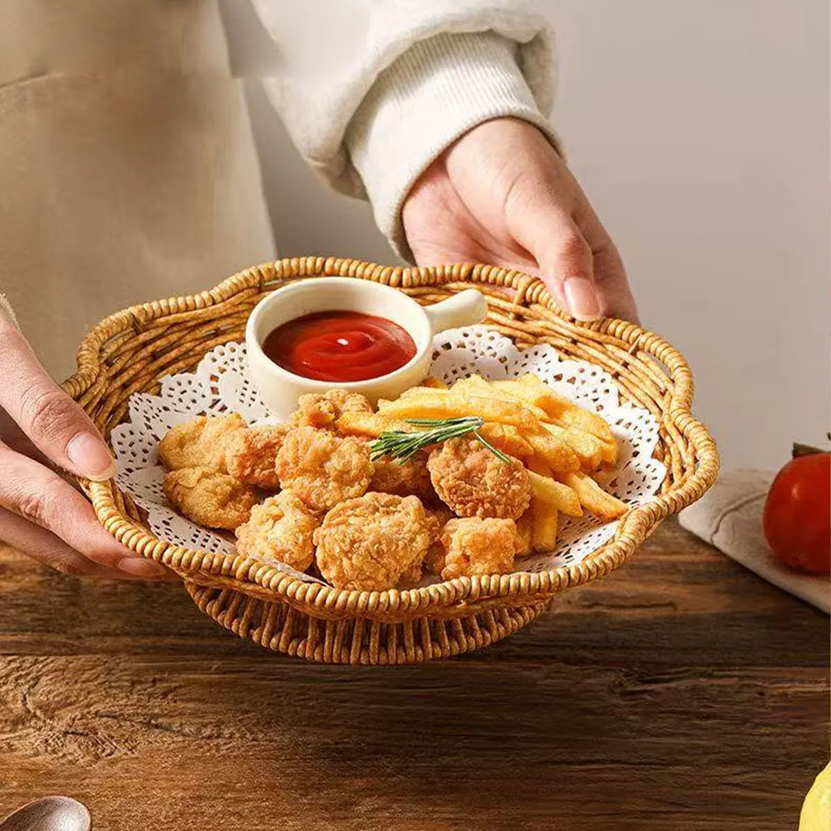 9/10/ 11inch Imitation Rattan High-Footed Fruit Plate for Home Use, Fruit Tray with Lace Edge, Fried Food Snack Platter, French Fries Display Plate, Snack Tray, 1 Piece