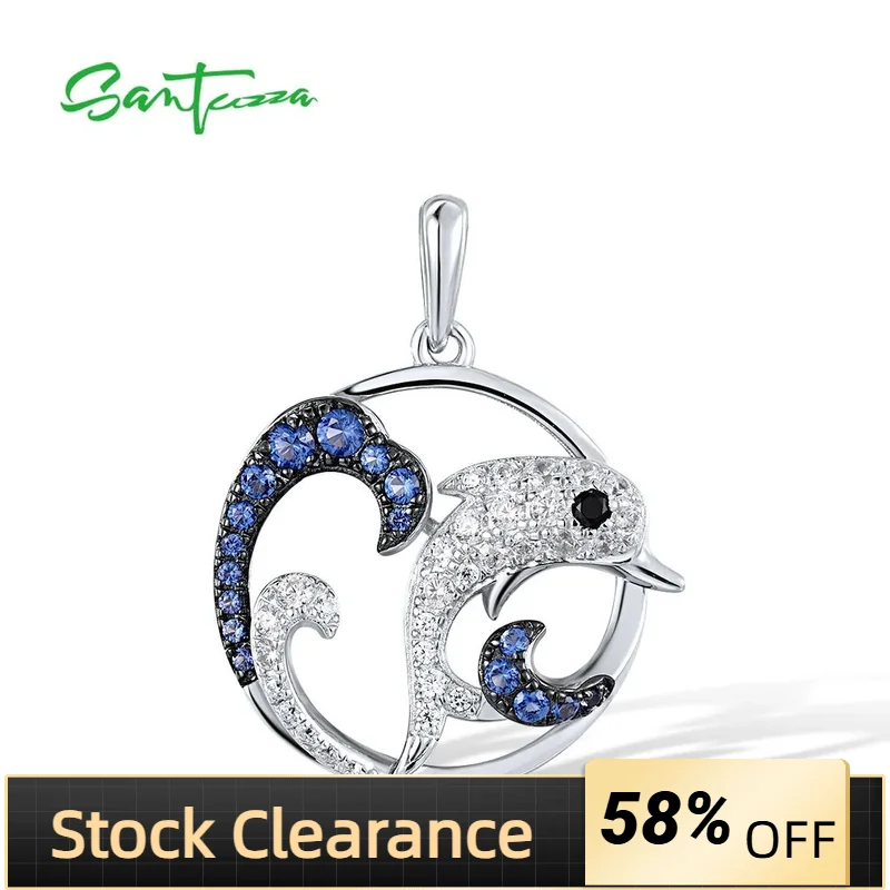 

SANTUZZA 925 Sterling Silver Pendant For Women Sparkling Black Spinel Blue White CZ Dolphin Delicate Chic Ocean Fine Jewelry