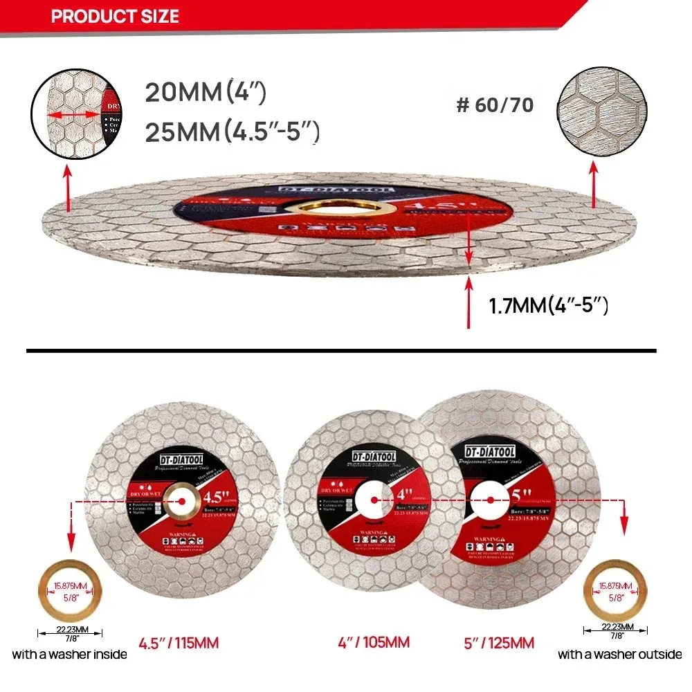 DT-DIATOOL 1 Dia115mm/125Mm Kim Cương Thấy Lưỡi Xay Lục Giác Cho Gốm Sứ Đá Cẩm Thạch Đá Nhân Tạo Đĩa Cắt