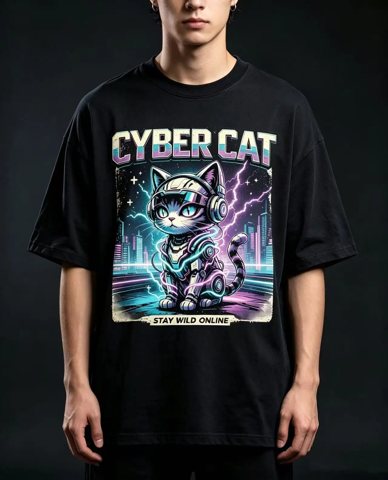 Unisex Cyber Cat Headset Robot Graphic T Shirt Men Women Stay Wild Online Cyberpunk City Lightning Print Oversized Crew Neck Short Sleeve Streetwear Cotton Top