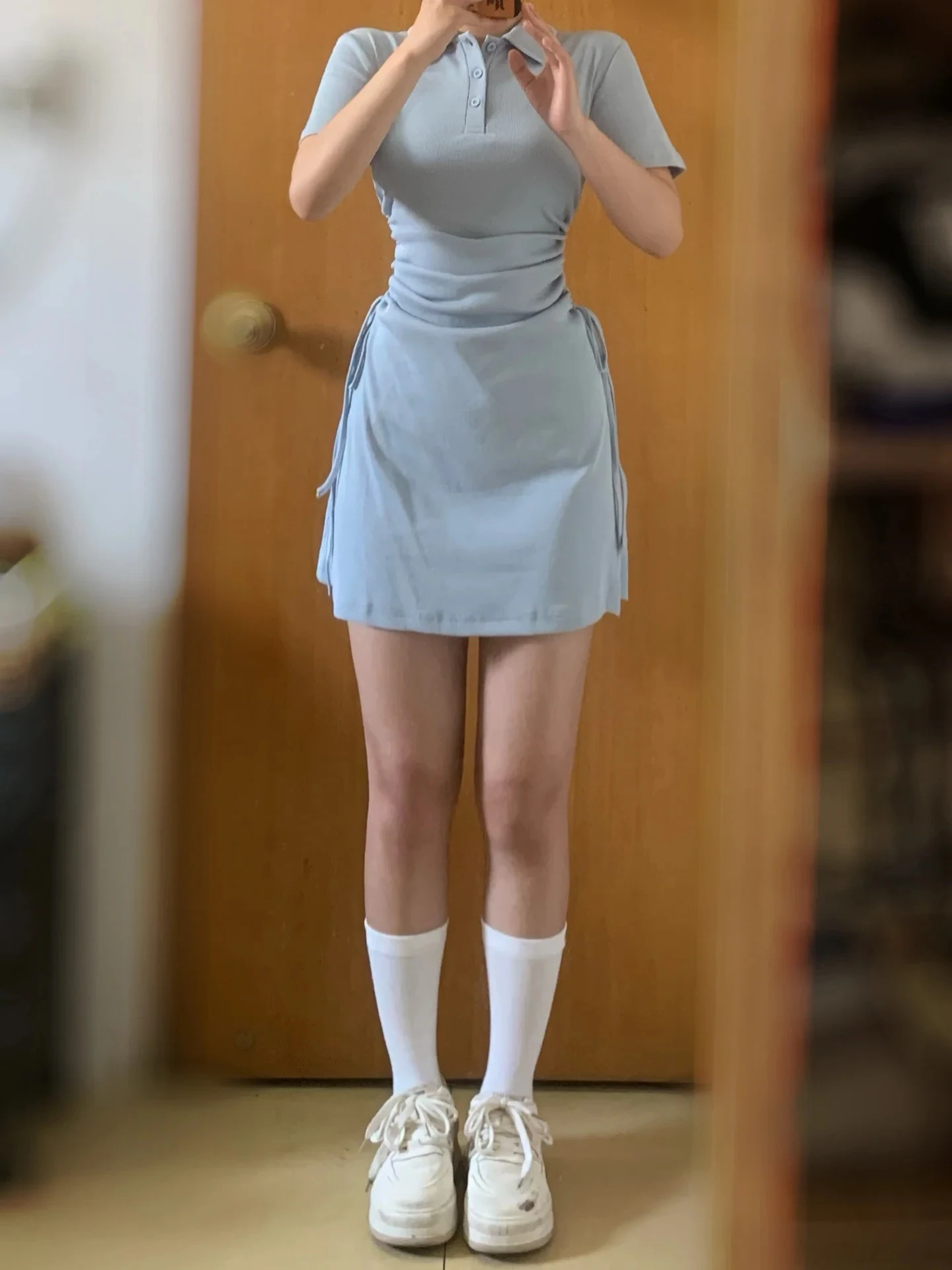 Spicy Girl Pure Desire  Collar Dress Women Summer Waist Cinching Slimming Drawstring Short Sleeve Dress Small Size