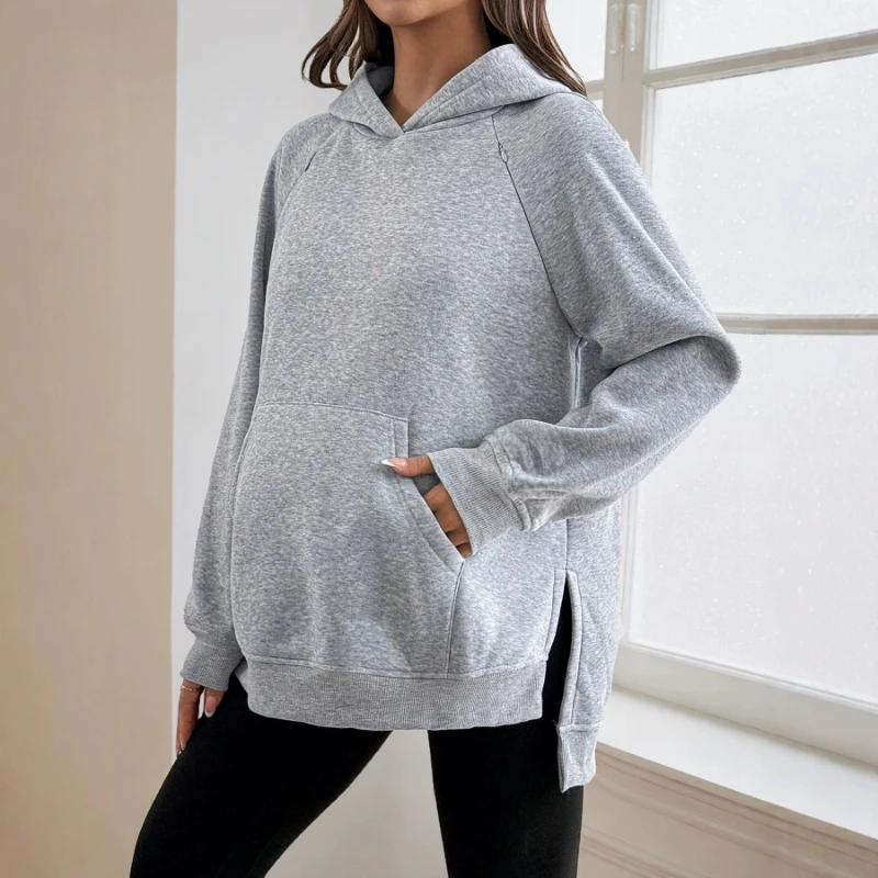 Autumn And Winter Fleece Maternity Hoodie With Hidden Nursing Ports On Both Sides And Split Pockets For Breastfeeding