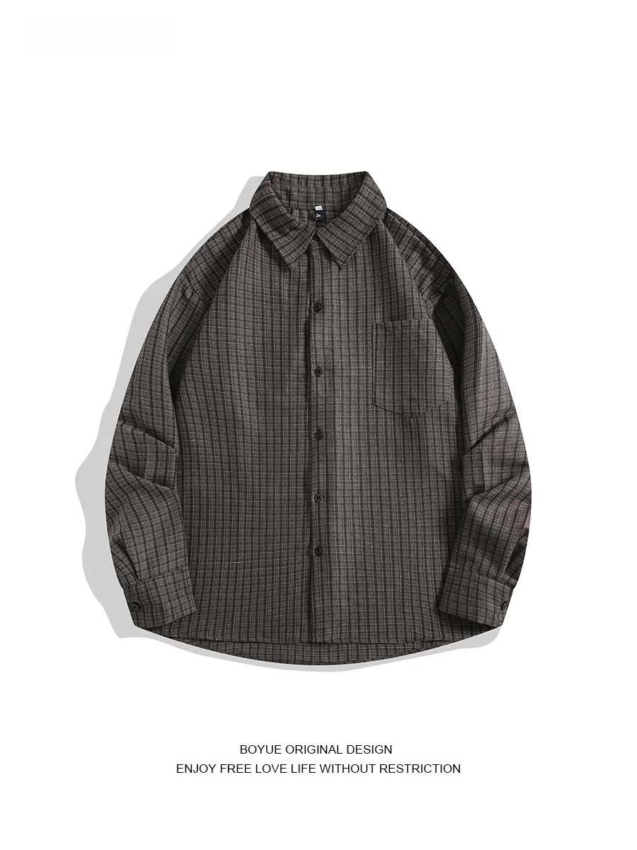 

Мужская повседневная модная рубашка Boyue Long Sleeve в клетку, винтажная верхняя одежда, молодежная свободная модель для осени