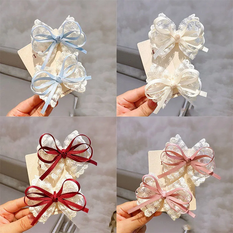 

1Pair Lace Bow Hair Clips for Children Girl Bowknot Hairpins Sweet Barrettes Handmade Ribbon Headdress Kids Hair Accessories