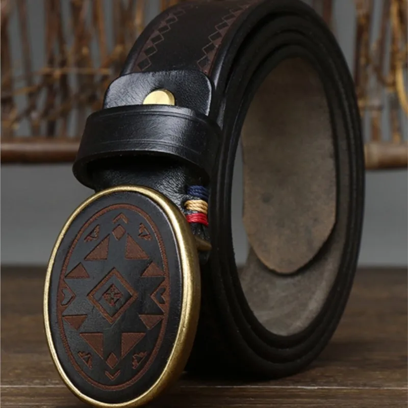Carved pattern versatile smooth belt copper plate leather top layer pure cowskin for men