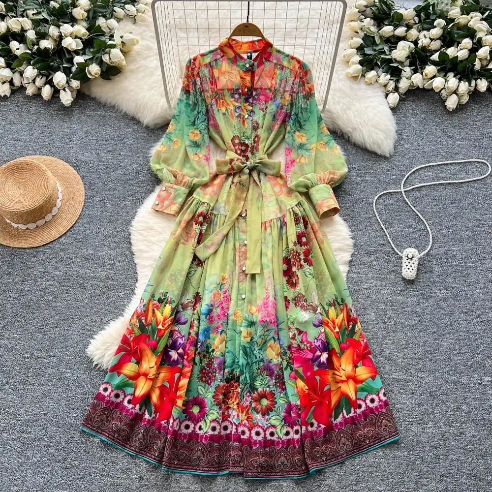 Grande robe trapèze imprimée pour femmes, manches lanternes, col montant, simple boutonnage, Design à lacets, robes longues Vintage, printemps 2025