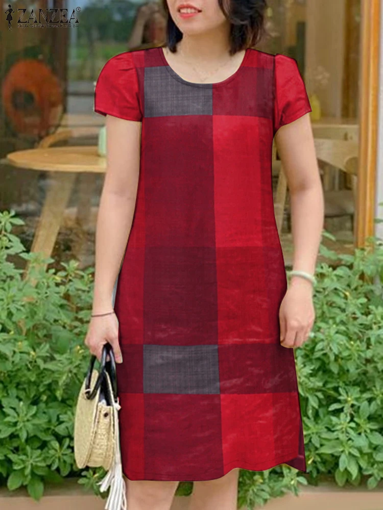 ZANZEA Abito da donna vintage a maniche corte scozzese a quadri 2025 Vestito estivo estivo Elegante O collo al ginocchio Abiti da lavoro Robe Femme