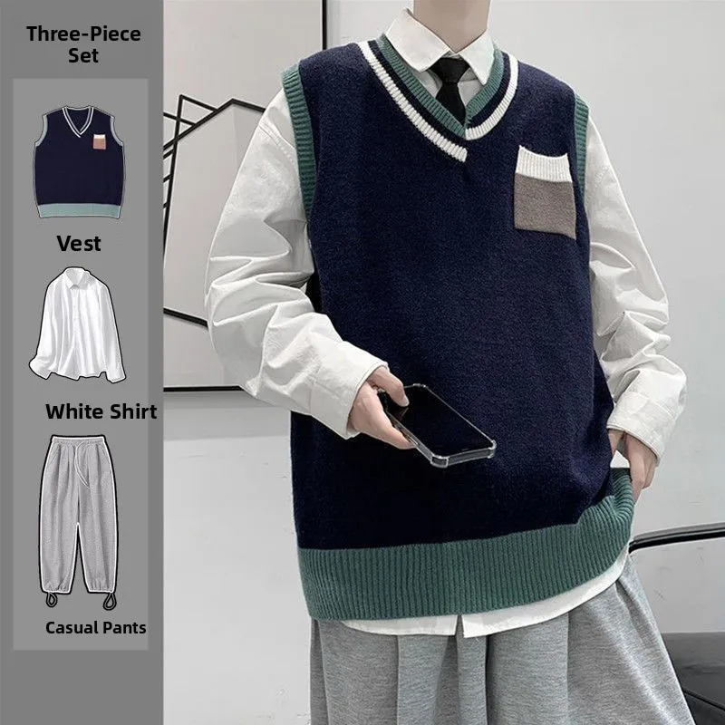 

Мужской комплект вязаного жилета с v-образным вырезом, осенний модный комплект колледжа, одинаковый спортивный костюм для пары, длинные брюки све, девять очков