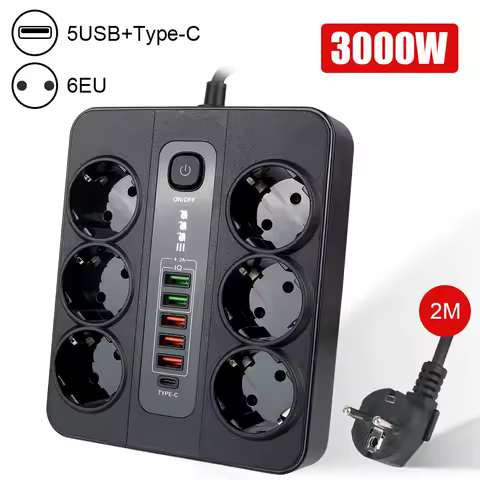 익스텐션 소켓 안전 스위치 멀티탭, 사무실 가정용 EU 플러그, 과부하 보호, USB C 타입 포트, 3000W, 2M 케이블