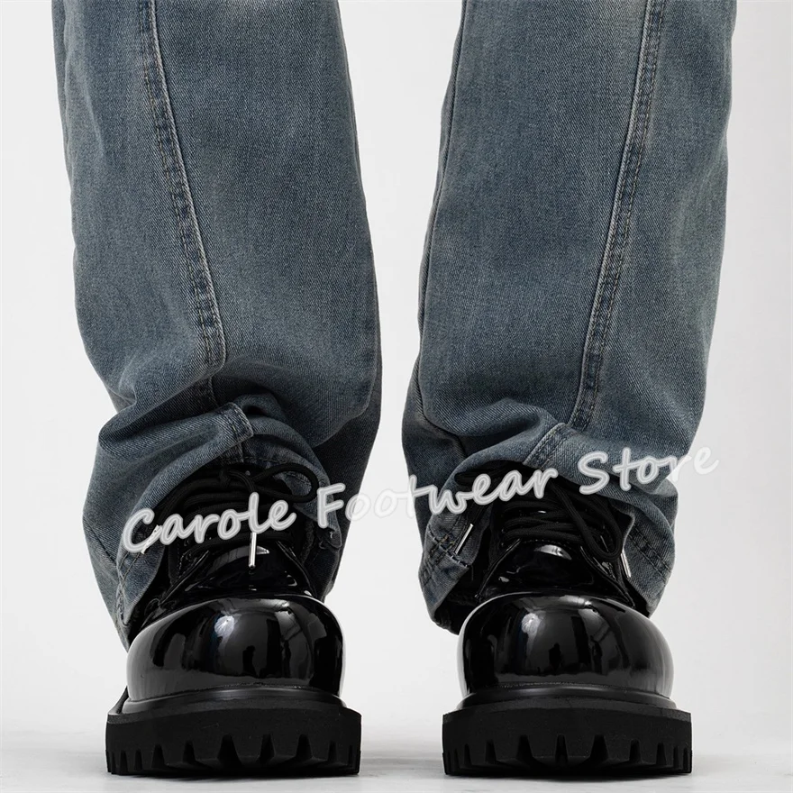 ファッションミックスカラーレザービッグヘッドダービーシューズ男性用 10 センチメートルチャンキーヒール高さ増加レースアップオックスフォード男性カジュアルローファー