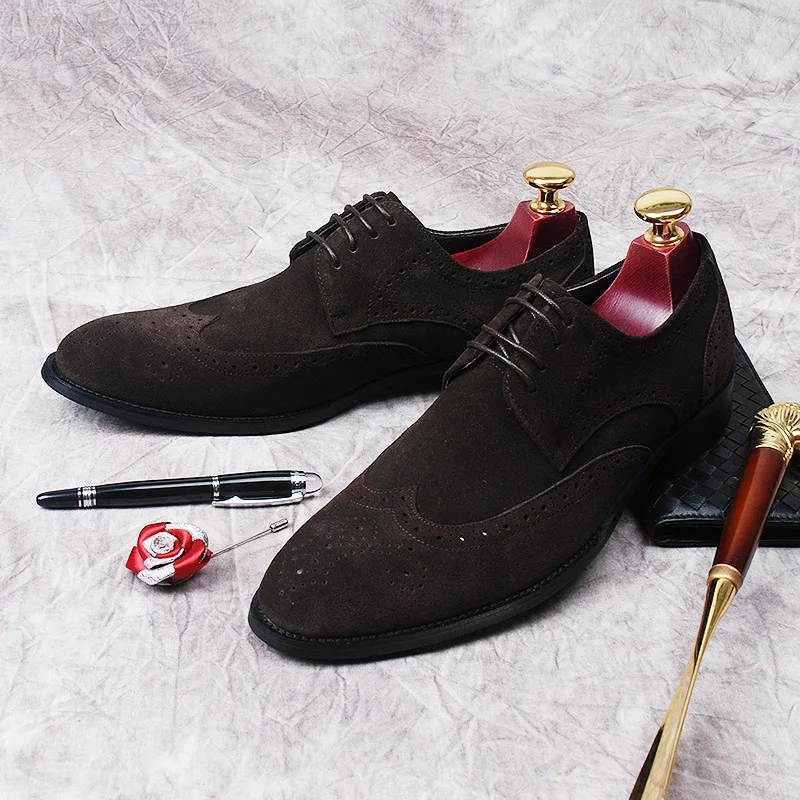 

Suede Mens Casual Dress Shoe Luxury Geniune Leather Men's oxford Shoe Black Brown Lace Up Formal Leather Brogue Shoes Men