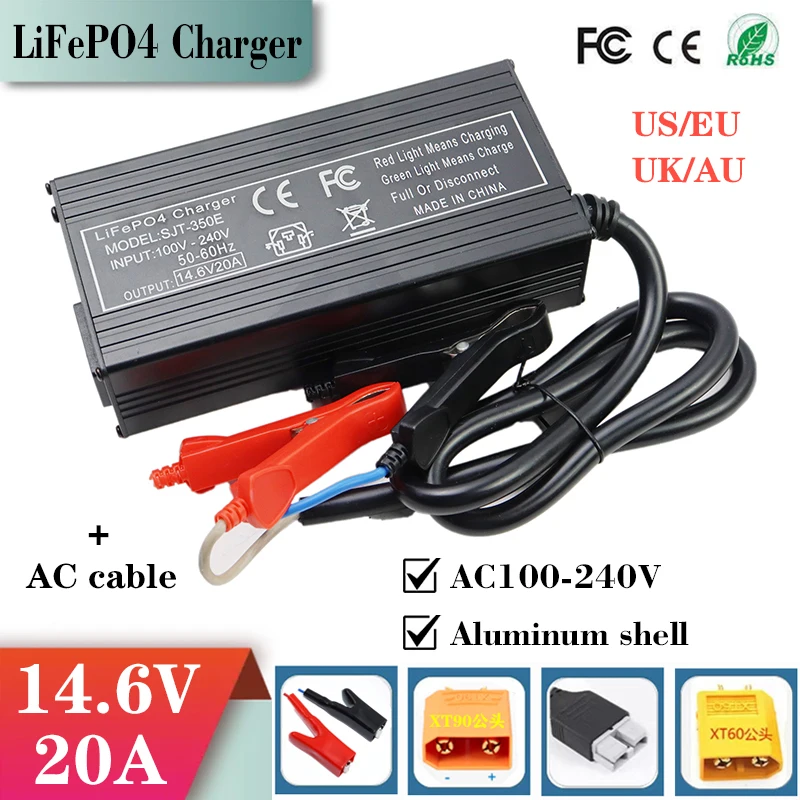 14.6V 20A LiFePO4 Battery Smart Charger 100-240V With fan For4S 12V 12.8V Lithium iron phosphate Cell Fast charger Aluminum Case